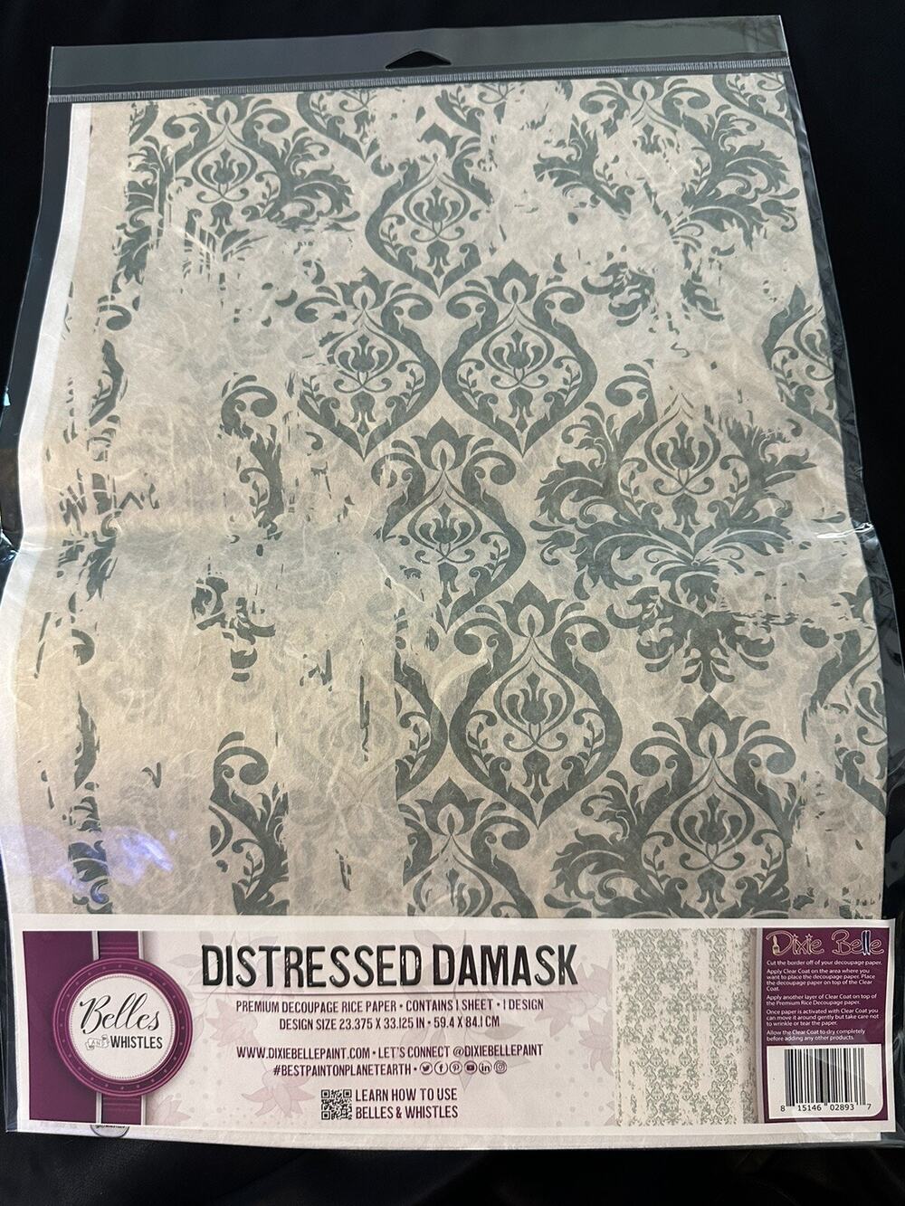 New Sealed Belles & Whistles Distressed Damask Decoupage Rice Paper 23.375x33.12
